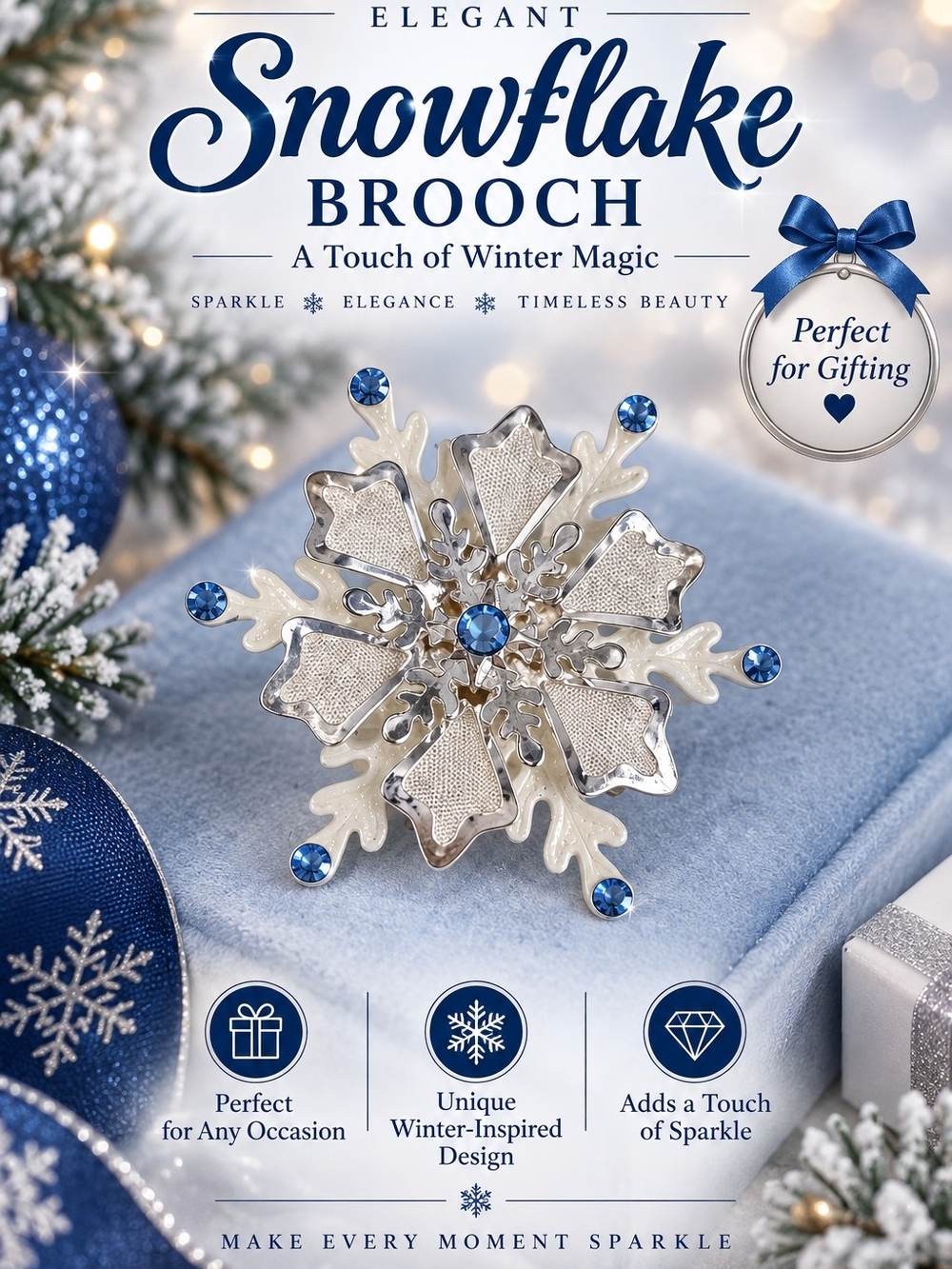 Silver and Blue Snowflake Brooch - Winter Sparkle